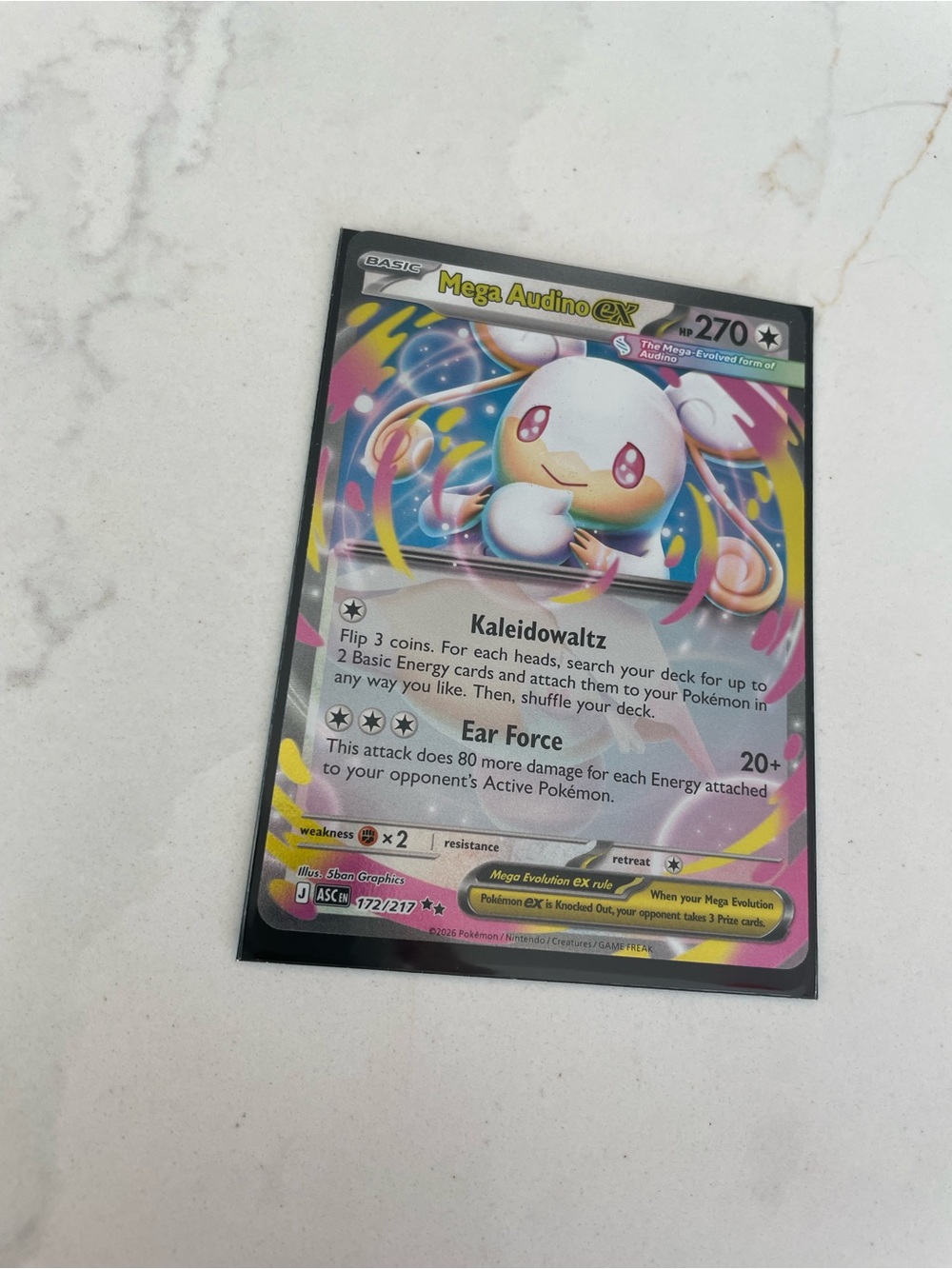Pokemon Mega Audino EX Card with Dragonite Sleeve Cute Holo Collectible